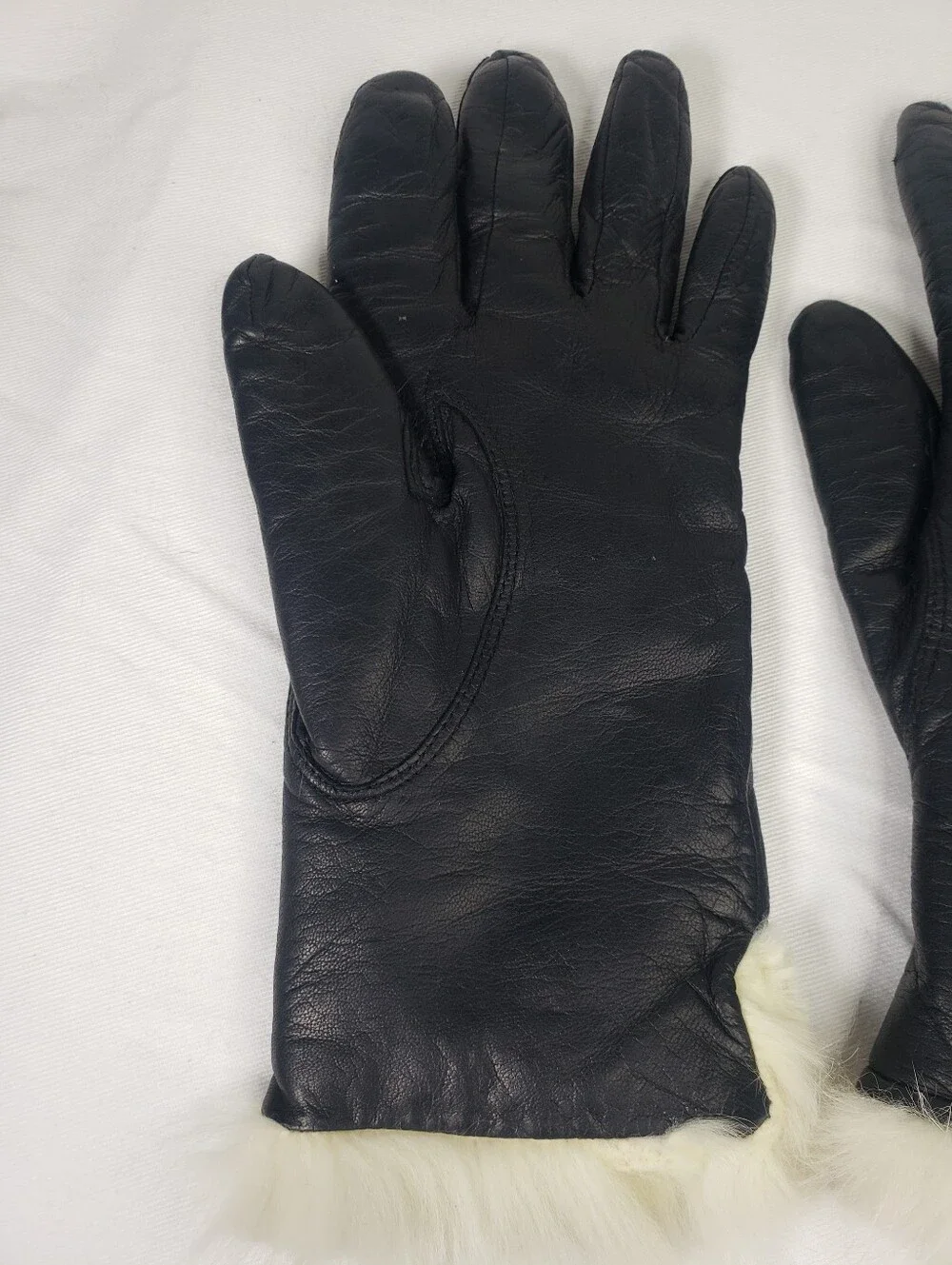 Fownes Black Genuine Leather Gloves Womens Size 6.5 White Fur Lined Cuff Trim